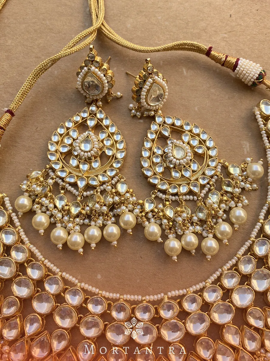 White Color Gold Plated Jadau Kundan Bridal Necklace Set - MS484