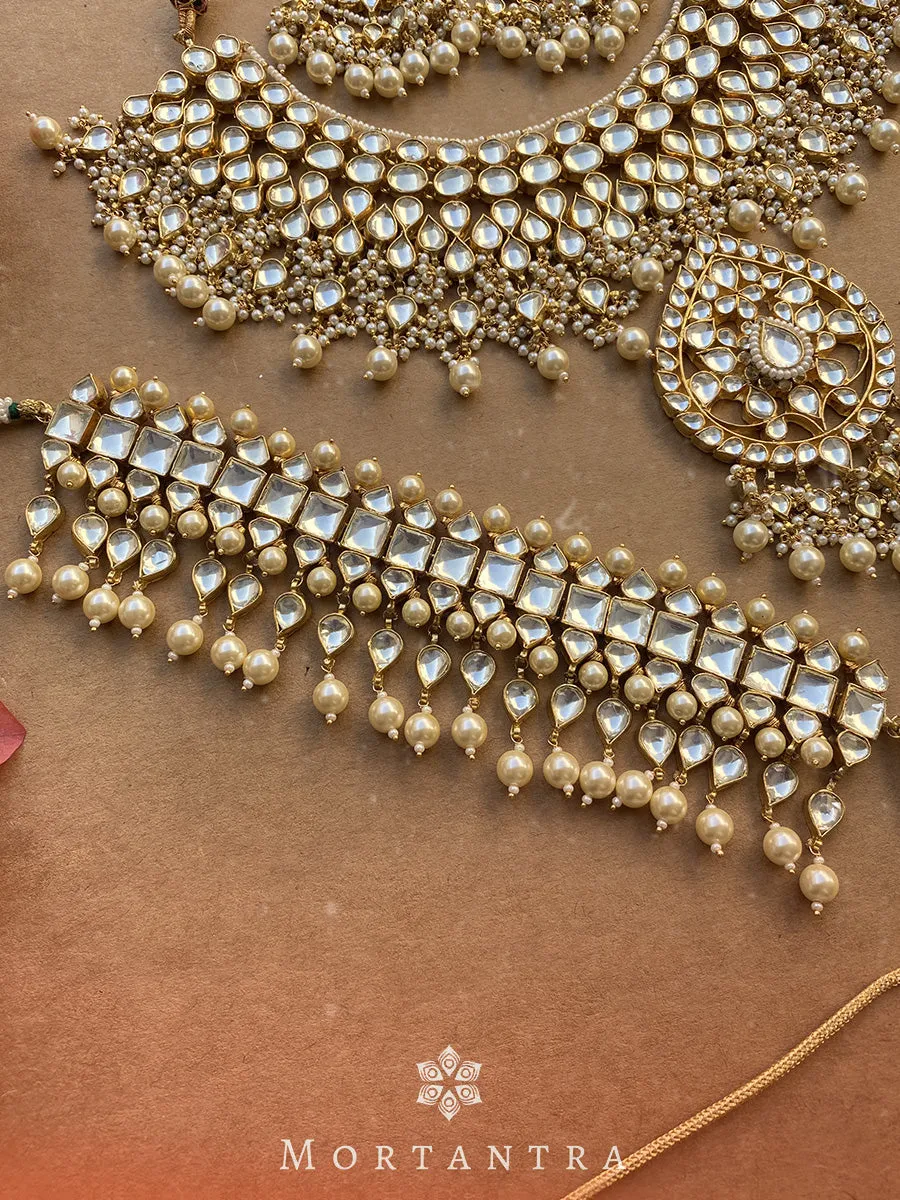 White Color Gold Plated Jadau Kundan Bridal Necklace Set - MS484