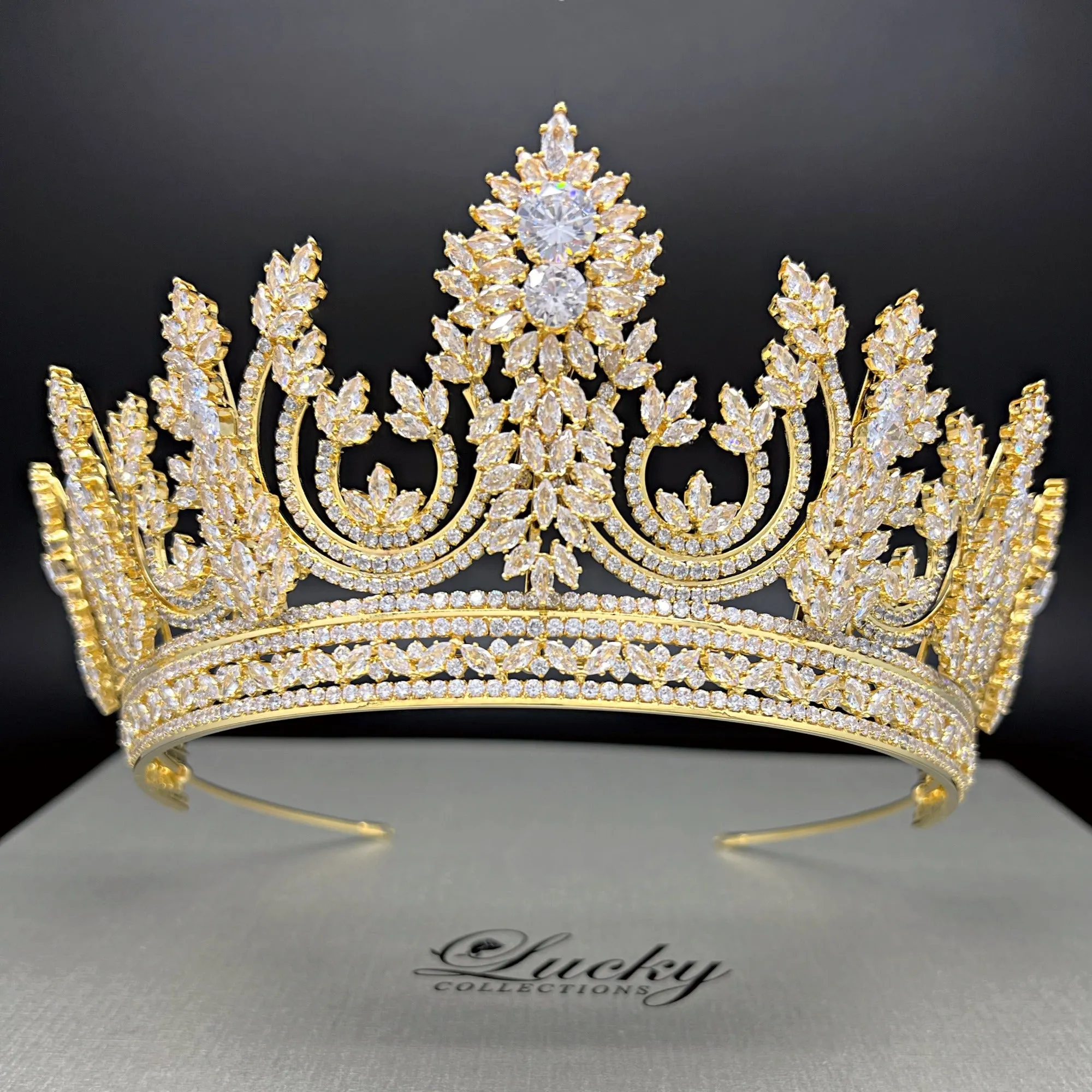 Zirconia Bridal and Quinceanera Tall Tiara, Intricate Design Cubic