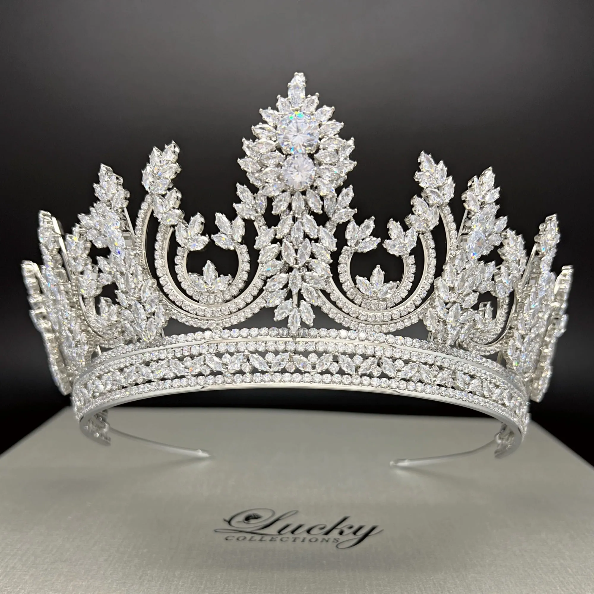 Zirconia Bridal and Quinceanera Tall Tiara, Intricate Design Cubic